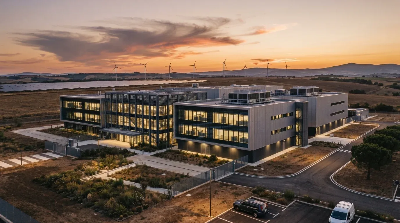 Modern data center facility on former industrial site at dusk